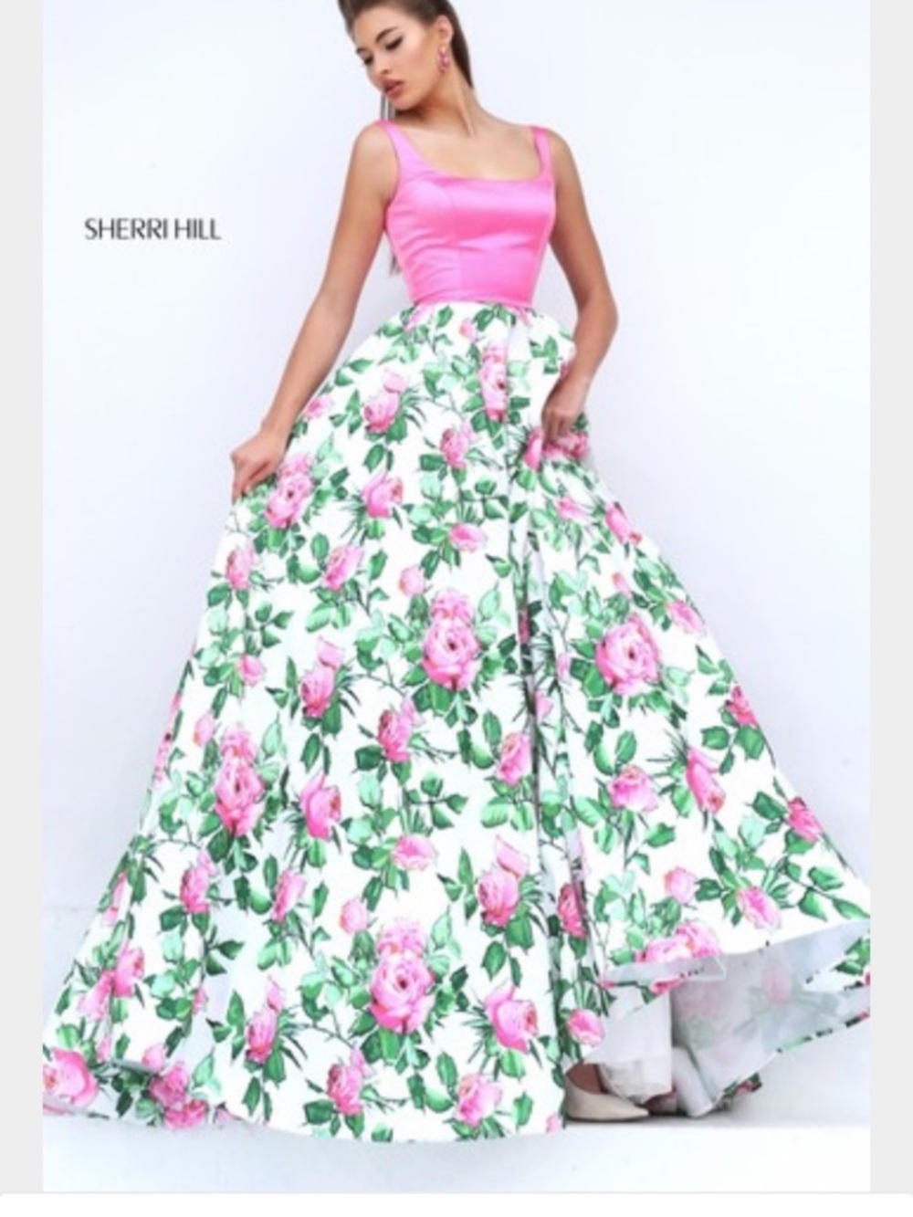 Sherri Hill Pink Floral Ball Gown with White Skirt